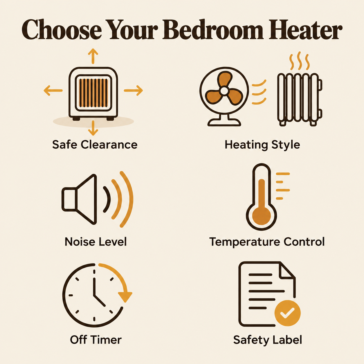 Best space heater for bedroom checklist covering clearance, heat style, noise, controls, timer, and safety label.