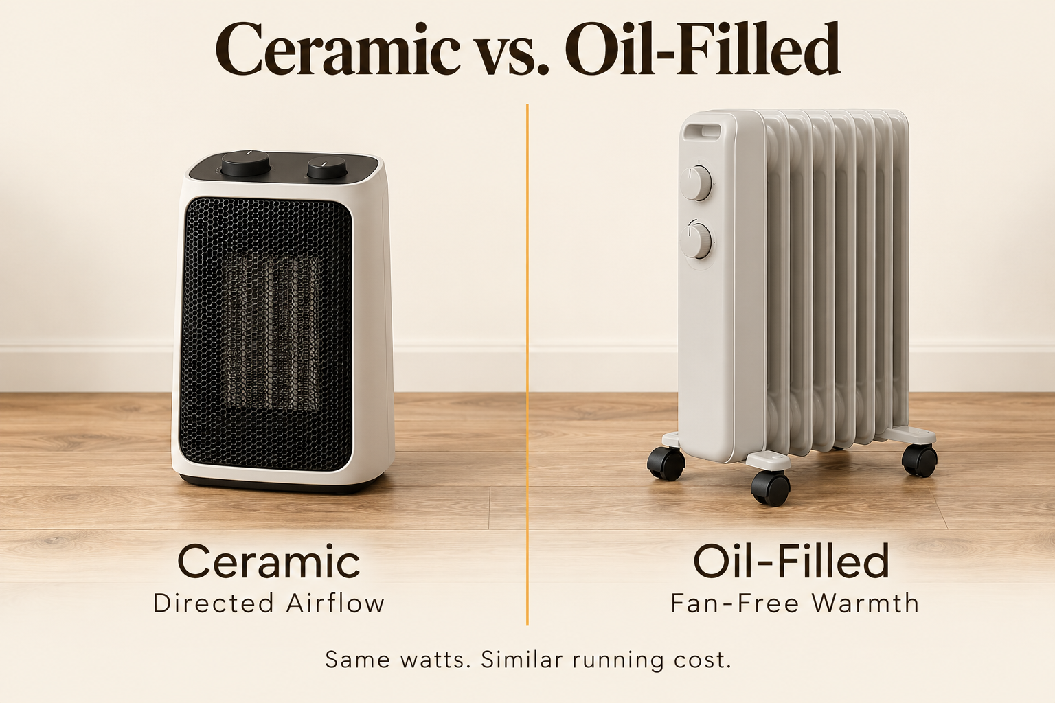 Best space heater for bedroom comparison showing generic ceramic and oil-filled heaters.