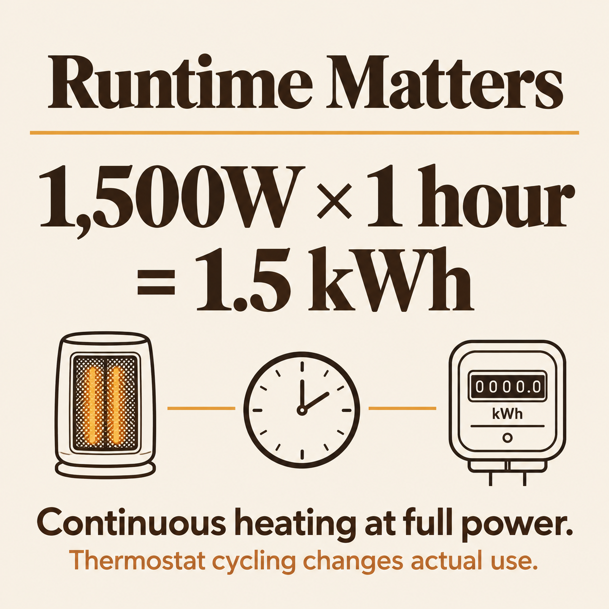 Best space heater for bedroom energy graphic showing 1,500 watts for one hour equals 1.5 kWh.