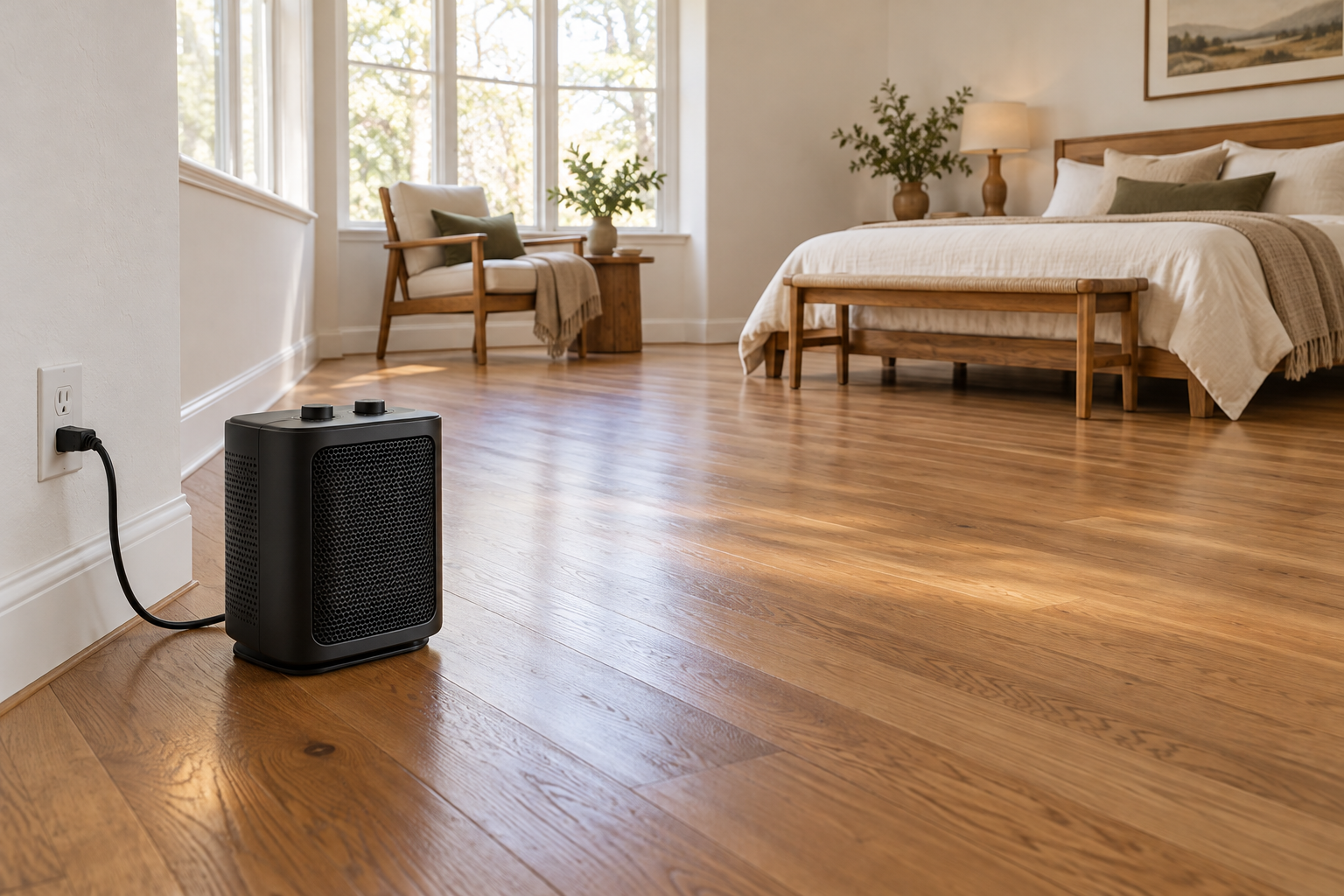 Best space heater for bedroom guide illustration with a generic heater and open floor space.