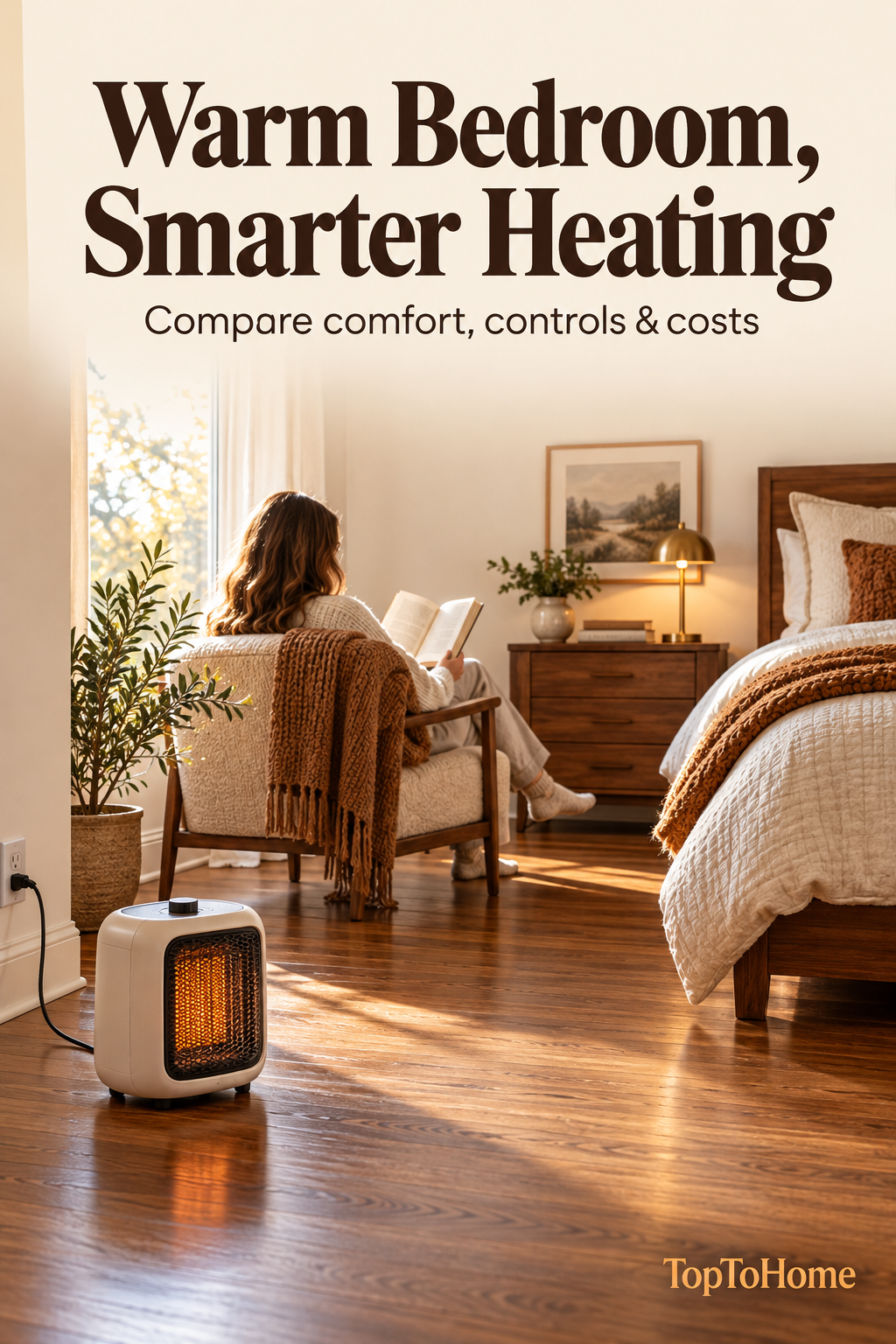 Best space heater for bedroom pin showing an adult reading near a generic heater.