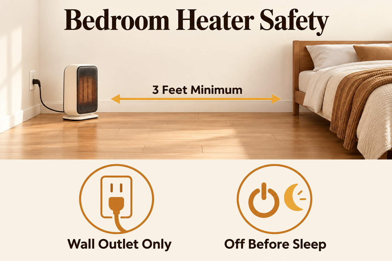 Best space heater for bedroom safety graphic: three-foot clearance, wall outlet only, and off before sleep.
